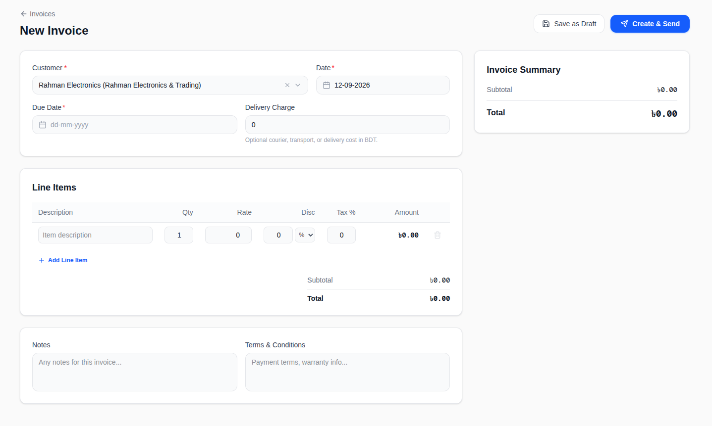 Invoice creation screen showing the customer selector, line item editor, delivery charge, notes, and invoice summary