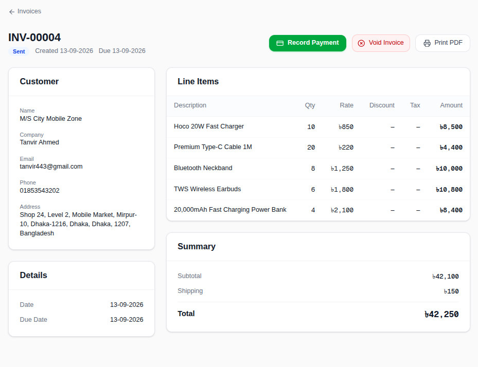 Invoice INV-00004 for M/S City Mobile Zone with five line items, BDT 42,250 total, and Record Payment and Print PDF actions
