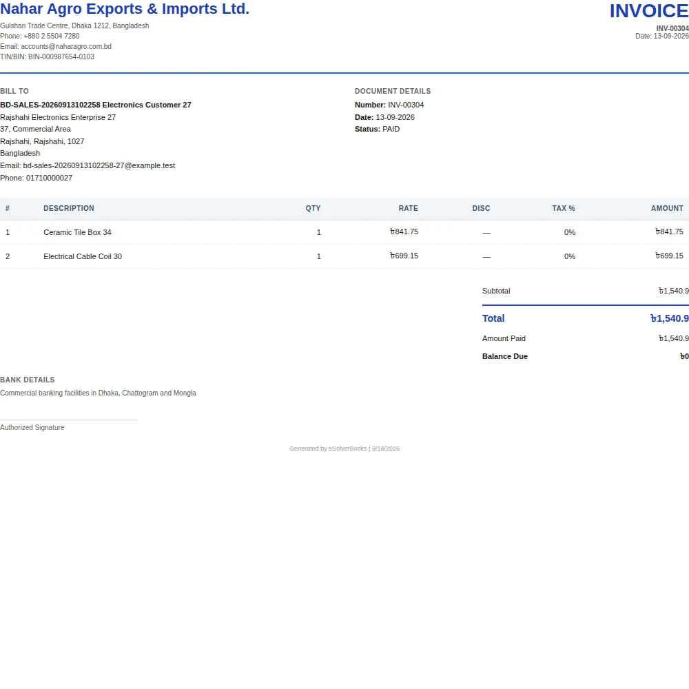 Paid invoice INV-00304 from Nahar Agro Exports and Imports showing customer details, two product lines, and a BDT 1,540.90 total