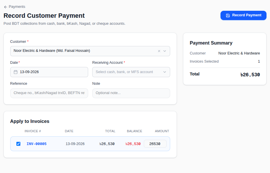Record Customer Payment form for Noor Electric & Hardware with customer, date, receiving account, reference, note, and invoice INV-00005 selected for BDT 26,530