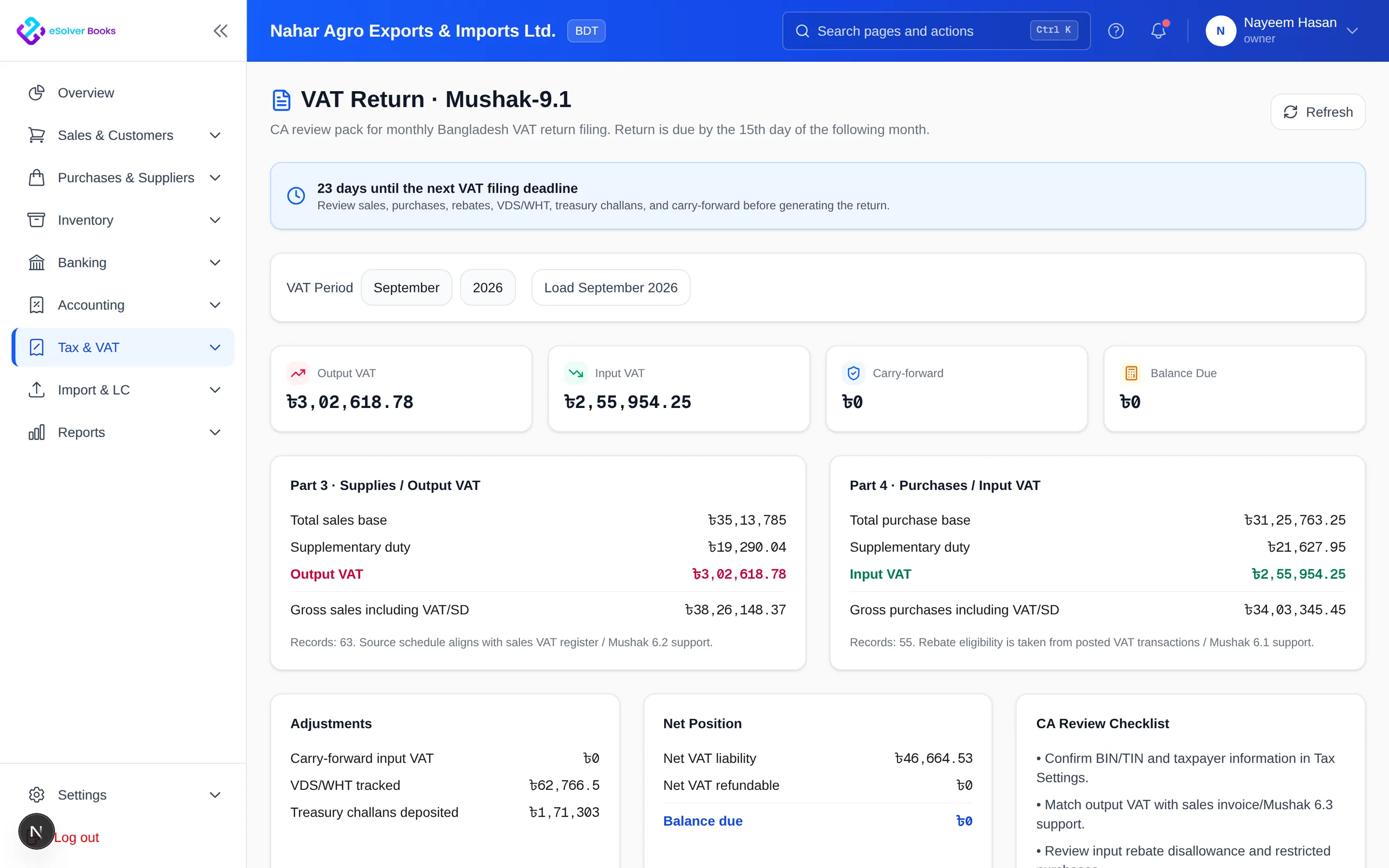 Mushak 9.1 monthly VAT return prepared from period transactions
